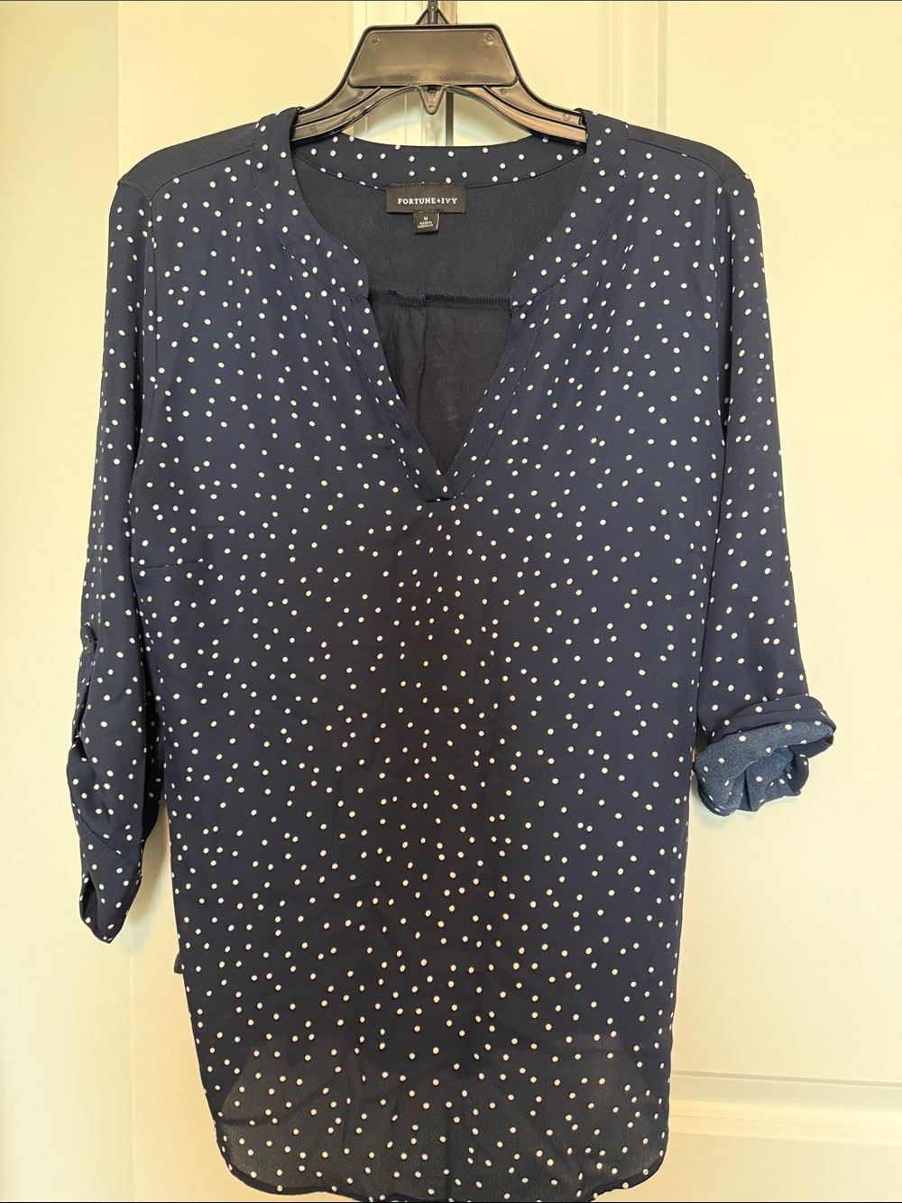 Fortune & Ivy Navy Polka Dot Split-Neck Blouse